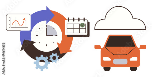 Car beneath cloud, clock with cyclical arrows, calendar, graph, and gears emphasizing cloud-based car sharing, time optimization, and data-driven efficiency. Ideal for innovation, mobility
