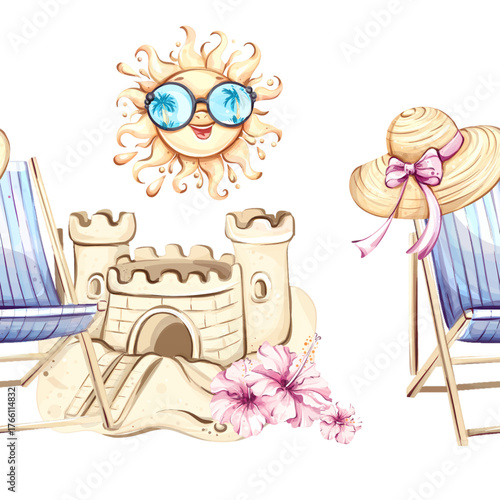 Seamless pattern background wallpaper featuring summer elements such as sun, beach chairs, sand castles, and tropical flowers for vacation and festive occasions