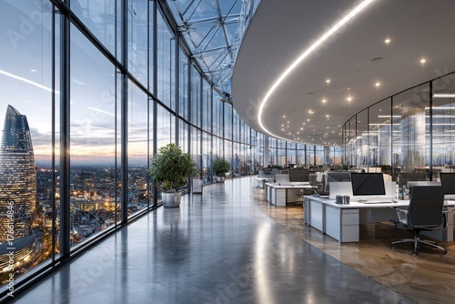 Modern office interior with city view at dusk