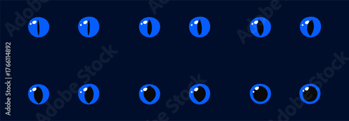 Set of Blue glowing eyes dark background fantasy magic cartoon animal reptile feline mammal monster demon dragon shiny pupil vector illustration