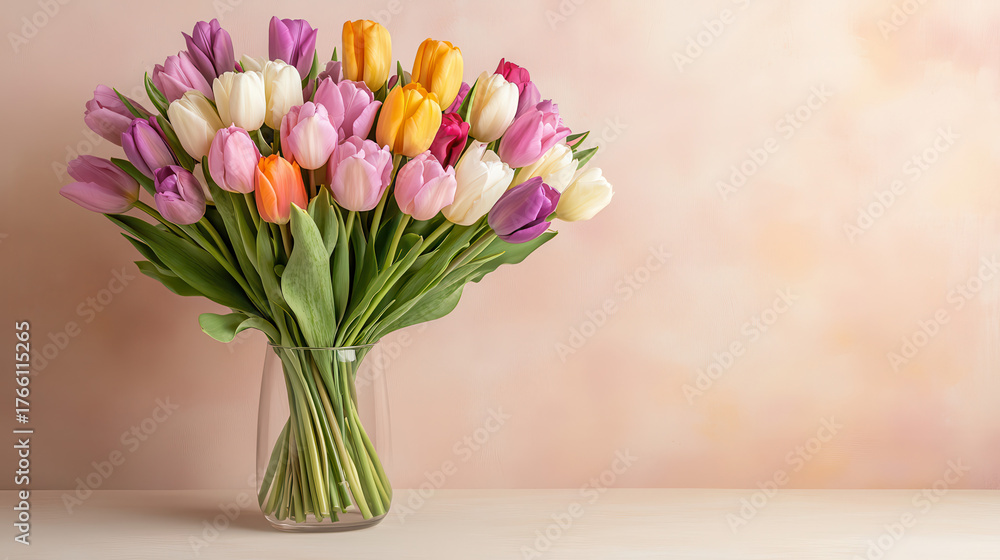 Fototapeta premium Colorful tulips in glass vase on yellow background with minimal style