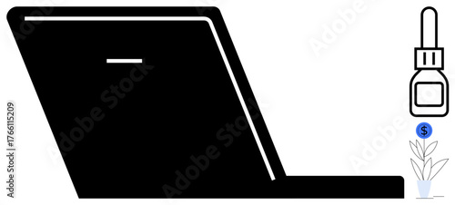 Open laptop, plant with dollar sign symbolizing growth, and dropper illustrating investment and nurture. Ideal for business, technology, finance, sustainability, innovation, entrepreneurship