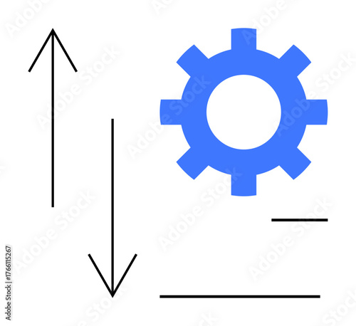 Blue gear beside bold arrows pointing up and down, signifying movement, process, and adjustments. Ideal for workflow, automation, engineering, innovation, decision-making optimization simple flat