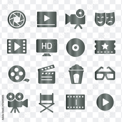 Cinema movie industry filmmaking entertainment vector icons collection set