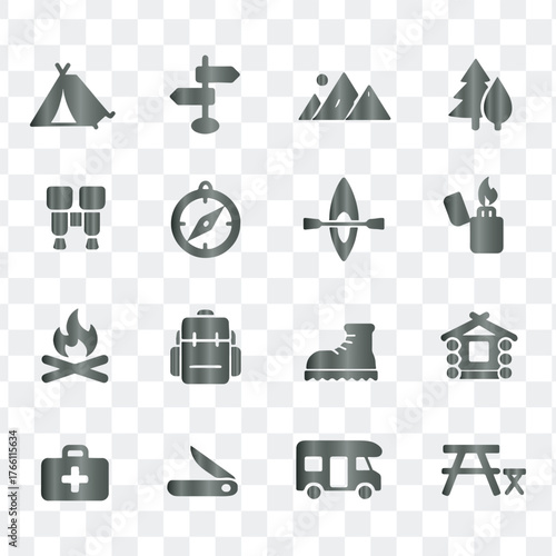 Camping hiking and outdoor adventure activities vector icons collection set graphic illustration