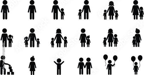 Collection of Black Stick Figure Icons Representing Family and Activities parent child