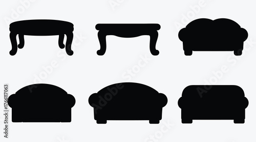 Variety of Sofa and Table Silhouettes Isolated on White Background