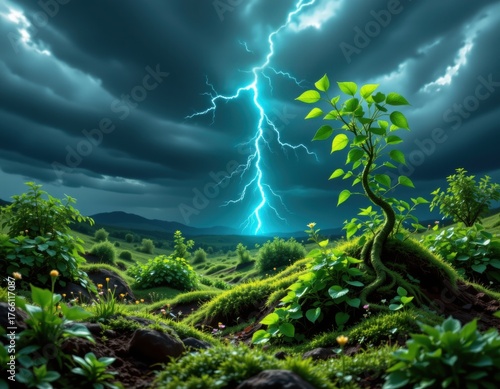 Fantastical Environment with Small Tree Amidst Tumultuous Sky