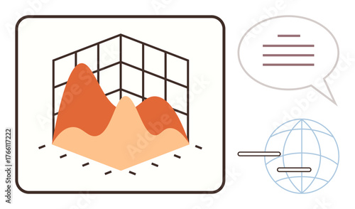 3D graph with orange peaks in front of grid, speech bubble with lines, and globe outline. Ideal for data analysis, global connection, communication, statistics, business, research simple flat