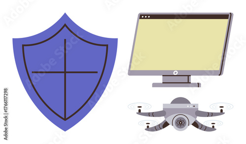 Shield symbolizing security, desktop monitor suggesting digital activity, and quadcopter representing surveillance. Ideal for technology, digital safety, online protection, security systems, privacy