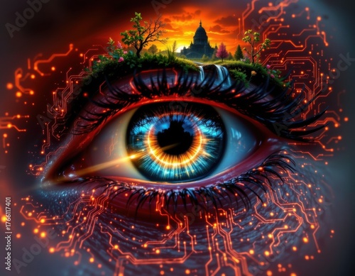 Cybernetic Eye with Surreal Nature Scene Photo