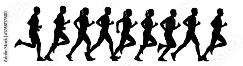 Silhouetted figures of runners in motion, depicting a group of people exercising or participating in a race.
