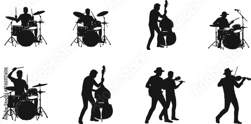 Silhouette musicians playing instruments, drummer, violinist, double bass player, music performance concept, artistic expression, black figures, isolated white background