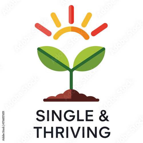 Single & Thriving logo with plant growing from soil under a sun.