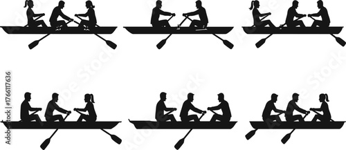 Silhouette people rowing boat together, teamwork collaboration concept, partnership coordination, black figures, business metaphor, isolated white background illustration