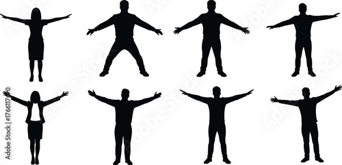 Silhouette people standing arms outstretched, diverse human poses, teamwork concept, black figures, gesture collection, isolated on white background