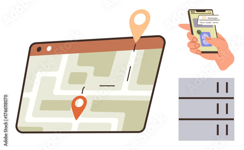 GPS map on tablet with route and location pins, hand holding smartphone with directions. Ideal for navigation, travel, exploration, technology, logistics, mapping communication. Simple flat metaphor