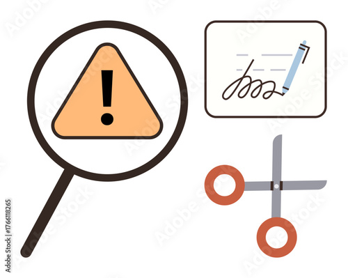 Magnifying glass emphasizes warning sign, with document and scissors suggesting analysis, editing, or caution. Ideal for risk assessment, warning, document processing, inspection, problem-solving