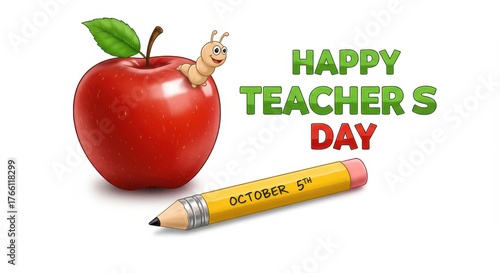 Cheerful cartoon caterpillar rests upon a shiny red fruit next to a writing implement displaying a specific date