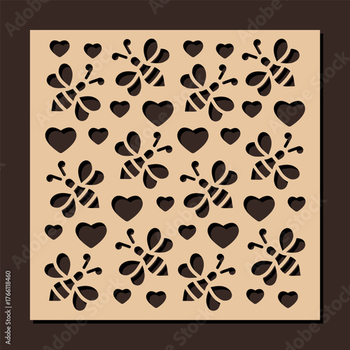 Laser cut square decorative panel with bee and hearts pattern. Vector design for home interior decor, partition, privacy screen, wall art, room dividers. Template for cnc, plasma and plotter cutting