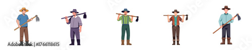 Farm Worker Flat Vector Illustration Male Farmer Carrying Hoe Tool in Agriculture Field