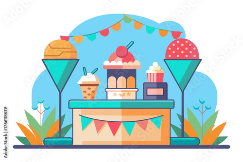 Wedding ice cream station featuring colorful cones, scoops, and floral ribbon decoration, creating a delightful dessert experience for guests at a joyful celebration