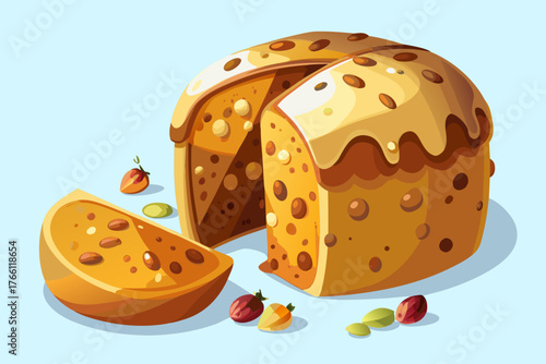 Golden Italian panettone sliced open, revealing raisins and candied fruits, creating a festive atmosphere with warm textures and inviting colors, perfect for holiday celebrations