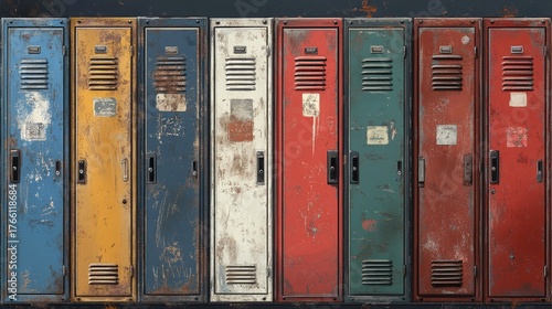 A row of old metal lockers with different colors