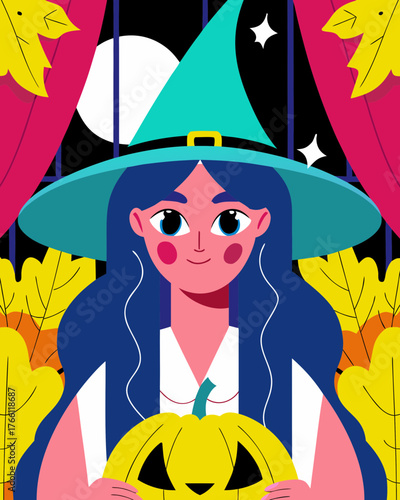 Cute cartoon witch with big hat holding a pumpkin, surrounded by colorful autumn leaves and a whimsical background, perfect for Halloween-themed illustrations and decorations