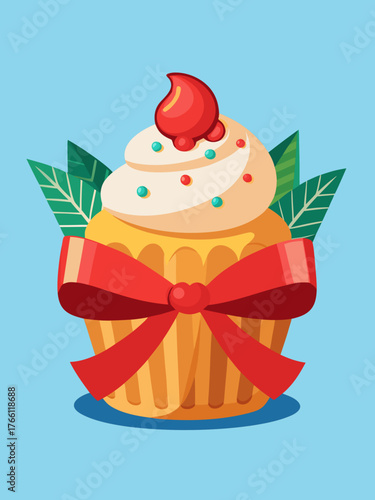 Festive cupcake adorned with red ribbon and colorful sprinkles, surrounded by green leaves, capturing the joyful essence of Christmas celebrations in a cheerful atmosphere