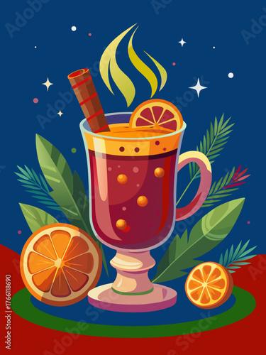 Festive Christmas atmosphere featuring a vibrant mulled wine in a glass, garnished with orange slices and a cinnamon stick, surrounded by greenery and stars