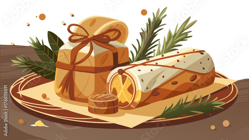 Stollen wrapped in parchment paper and tied with string, surrounded by greenery, creating a cozy Christmas atmosphere with rustic charm and soft daylight ambiance