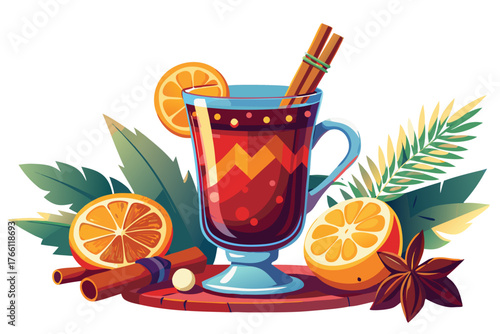 Festive illustration of a mulled wine glass adorned with spices and citrus, surrounded by vibrant foliage, creating a warm and inviting Christmas atmosphere
