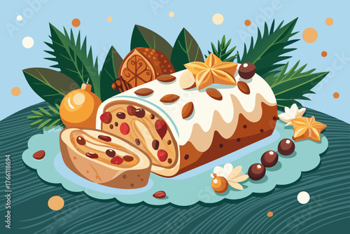 Festive stollen with nuts and candied fruits, beautifully presented on a decorative plate, surrounded by holiday greenery and ornaments, evoking a joyful Christmas atmosphere