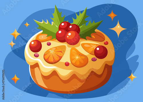 Festive Christmas atmosphere with an English muffin topped with candied fruit and cherries, creating a joyful and vibrant holiday mood with bright colors and cheerful decorations