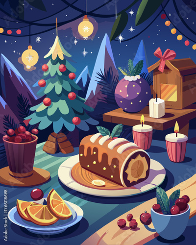 Festive Christmas atmosphere with cinematic food lens showcasing fruitcake, oranges, and holiday decorations creating a warm and inviting seasonal harmony