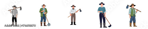 Farm Worker Flat Vector Male Farmer Holding Hoe Tool in Rural Field