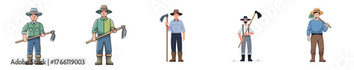Farm Worker Vector Illustration of Male Farmer Holding Hoe in Flat Design Style