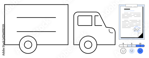 Truck beside signed contract on clipboard with feedback scale, symbolizing logistics, delivery, contract agreement, customer satisfaction, evaluation, service feedback, and ratings in a simple flat
