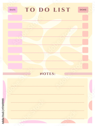 To do list vector template in pastel colors. Checklist vector card in modern style with light yellow fluid blobs. Soft calm weekly planner for 7 days, page with agenda blank and notes

