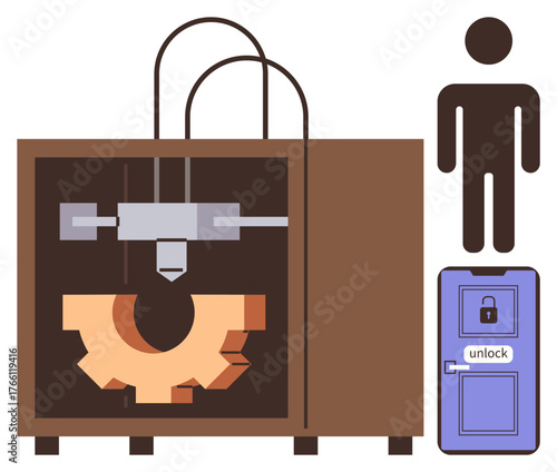 3D printer crafting an orange gear, symbolizing creation and mechanics. Nearby are a human figure and a locked door with an unlock label. Ideal for innovation, security, engineering, design