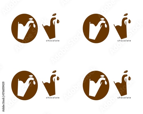 Beverage product logo or icon. Illustration of a chocolate drink spilling into a glass. Chocolate and vanilla in a glass.