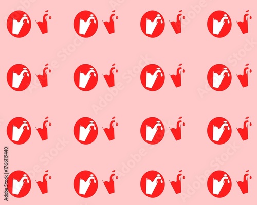 A beverage product logo or icon. Illustration of a milk and strawberry drink spilling into a glass. Strawberry and vanilla liquid in a glass.