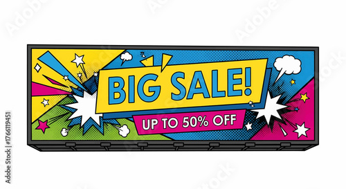 A dynamic pop art vector illustration for business marketing and advertising, showing a big sale banner