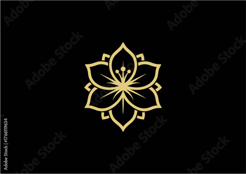 A golden, stylized floral emblem centered against a stark black background.