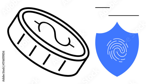 Coin with dollar sign sits beside a blue shield containing a fingerprint, symbolizing secured financial transactions. Ideal for payment security, finance, digital wallets, technology, cyber