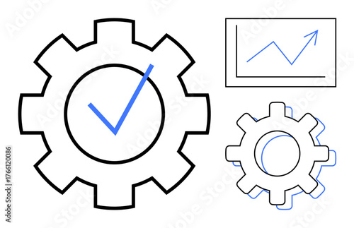 Gear with checkmark symbolizing quality and efficiency alongside a growth chart for progress and success. Ideal for business strategy, management, process improvement, growth, productivity