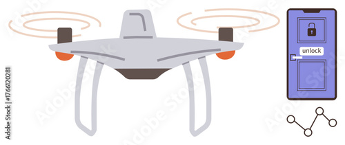 Flying quadcopter near smart door lock connecting to network for access control, technology, automation, and smart systems. Ideal for security, innovation, networking, convenience, IoT smart living