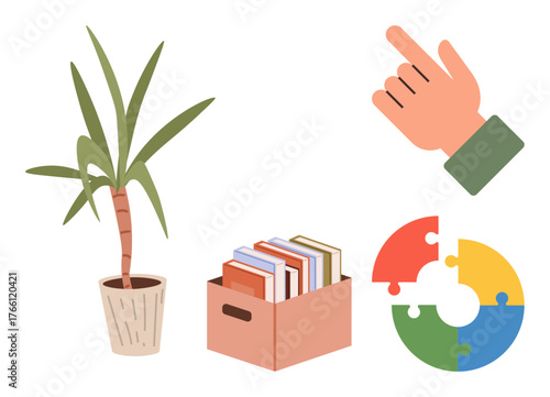 Hand pointing gesture, potted plant, books in a box, and colorful puzzle pieces symbolizing collaboration, learning, organization, growth, teamwork education creativity. Ideal for educational