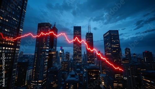 Dramatic skyline shows economic downturn with a falling red line over skyscrapers at night suggesting market crash and financial loss, business concept